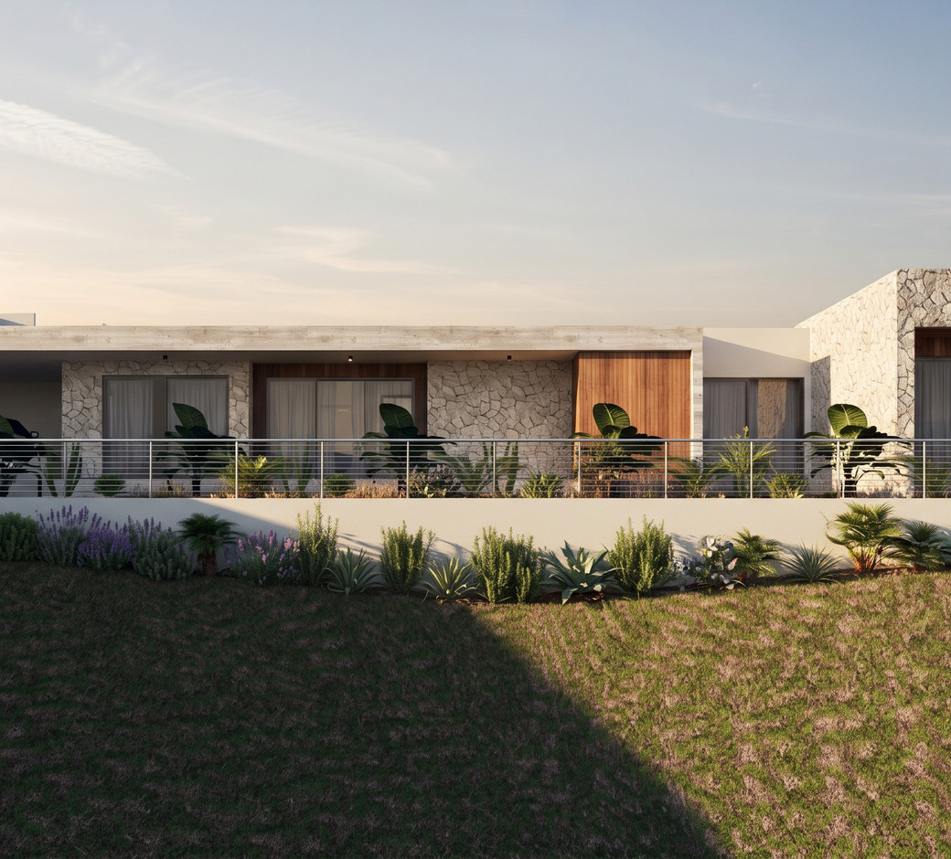 A residence at Kellaki Hills in its hillside setting. Computer-generated image.