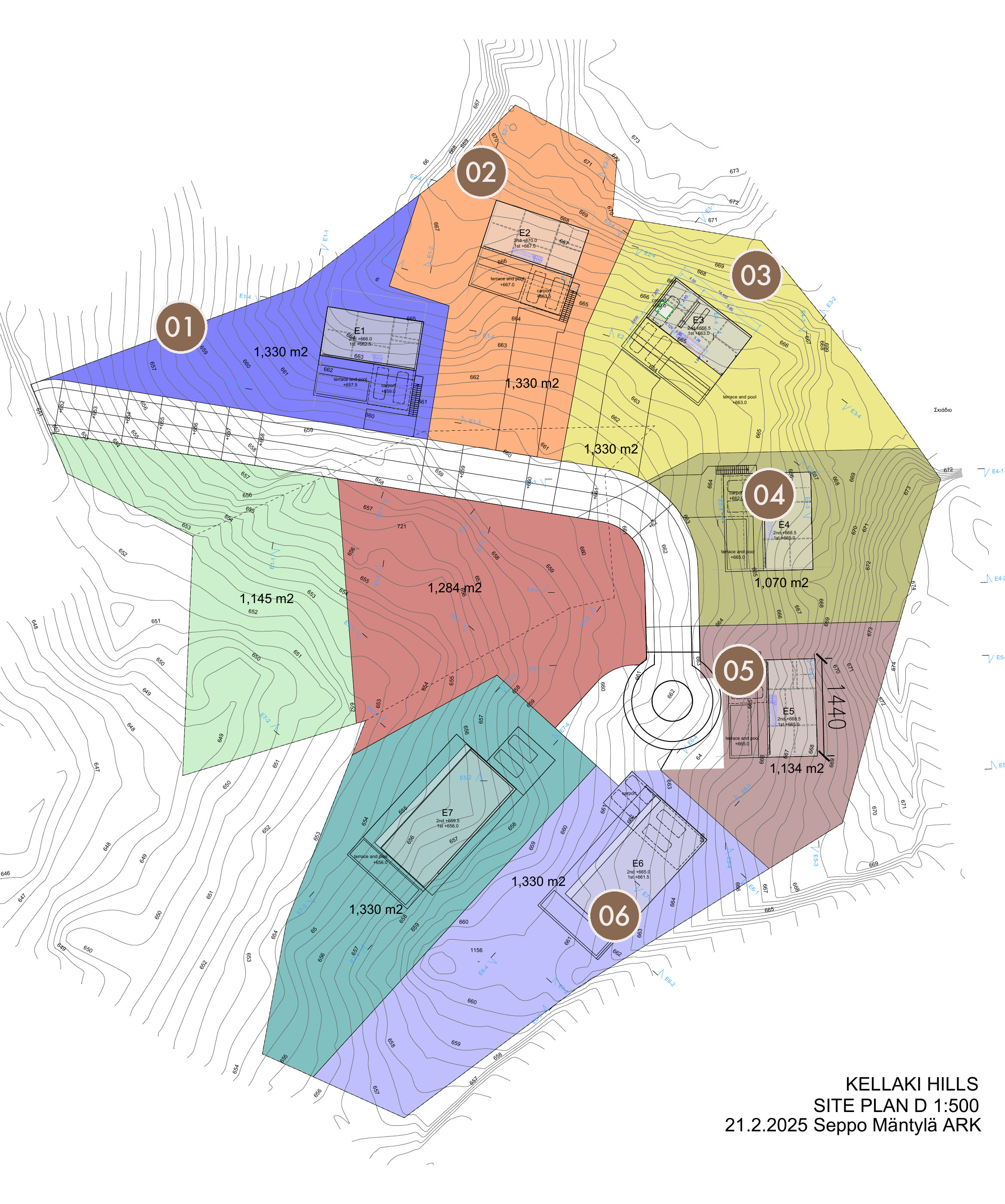 Site Plan D with the six plots numbered 01 to 06, the access road and the contours.